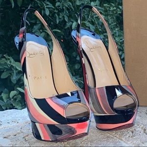 Christian Louboutin LADY PEEP SLING 150 PATENT GRAFFITI slingback heels, sz 38
